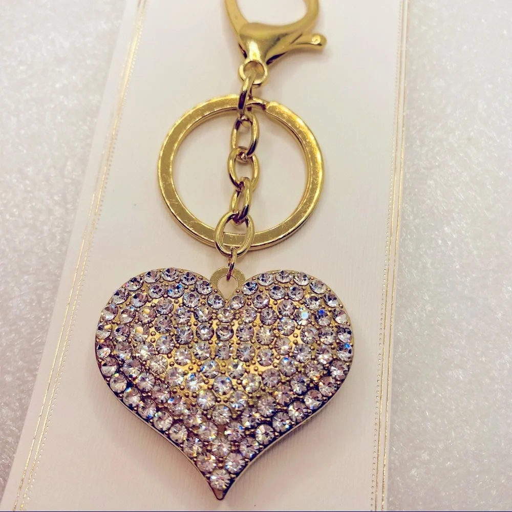 Key Chain Purse Charm Heart Crystals set in Golden tone. VERY BRILLIANT
